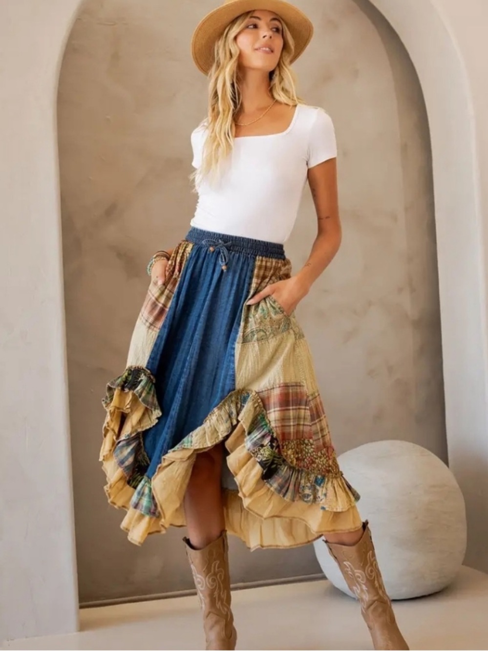 Young Threads Western Bohemian Patchwork Ruffle Midi Skirt — Small NWT